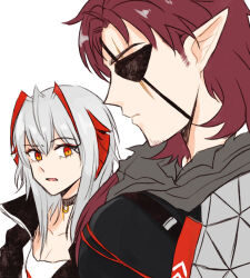 Rule 34 | 1boy, 1girl, arknights, black jacket, collar, collarbone, eyepatch, highres, hoederer (arknights), horns, jacket, looking at another, meme, one eye covered, ong (fyza2772), open clothes, open jacket, pointy ears, red hair, red horns, scar, scar across eye, sideburns, surprised, w (arknights), white background, white hair