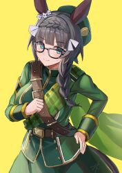 Rule 34 | 1girl, absurdres, animal ears, belt, beret, black-framed eyewear, blue eyes, blush, braid, braided ponytail, brown belt, front braid, glasses, green hat, hand on own hip, hat, highres, hitomin (ksws7544), horse ears, horse girl, horse tail, long hair, long sleeves, looking at viewer, military, military uniform, simple background, smile, solo, tail, umamusume, uniform, yellow background, zenno rob roy (umamusume)