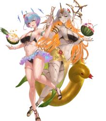 Rule 34 | 2girls, ahoge, attack, bare shoulders, blonde hair, breasts, cleavage, fire emblem, fire emblem heroes, full body, grey hair, gullveig (fire emblem), gullveig (summer) (fire emblem), highres, horns, innertube, jewelry, large breasts, long hair, multicolored hair, multiple girls, nail polish, navel, nintendo, non-web source, official alternate costume, official art, open mouth, pale skin, purple hair, sandals, seidr (fire emblem), seidr (summer) (fire emblem), short hair, simple background, single horn, swim ring, swimsuit, thighs, toenail polish, toenails, toes, two-tone hair, yellow eyes, yoshiku (oden-usagi)
