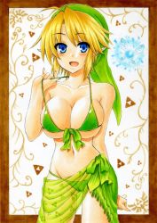 Rule 34 | 1girl, bikini, blonde hair, blue eyes, blush, breasts, cameltoe, cleavage, elf, front-tie top, gender request, genderswap, hat, large breasts, link, navel, navi, nintendo, open mouth, pointy ears, sarong, see-through, see-through sarong, shiny skin, skindentation, solo, strap pull, swimsuit, takecha, the legend of zelda