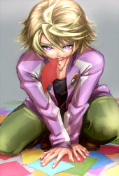 Rule 34 | 10s, 1boy, blonde hair, gradient background, harayan, ivan karelin, jacket, male focus, mouth hold, paper, purple eyes, short hair, solo, tiger &amp; bunny