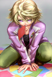 10s 1boy blonde_hair gradient_background harayan ivan_karelin jacket male_focus mouth_hold paper purple_eyes short_hair solo tiger_&amp;_bunny