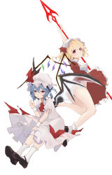 Rule 34 | 1569847238, 2girls, absurdres, alternate weapon, ascot, bat wings, black footwear, blonde hair, blue hair, closed mouth, convenient censoring, dress, flandre scarlet, frilled skirt, frilled sleeves, frilled socks, frills, from side, full body, hat, highres, holding, holding polearm, holding weapon, looking at viewer, mary janes, medium hair, mob cap, multicolored wings, multiple girls, pink dress, polearm, puffy short sleeves, puffy sleeves, red ascot, red eyes, red skirt, red vest, remilia scarlet, shirt, shoes, short sleeves, siblings, simple background, sisters, skirt, skirt set, smile, socks, spear the gungnir, touhou, transparent wings, vest, weapon, white background, white headwear, white shirt, white socks, wings, wrist cuffs