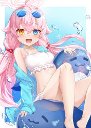 Rule 34 | 1girl, absurdres, ahoge, bare legs, bikini, blue archive, blush, breasts, deogho (liujinzy9854), eyewear on head, fang, frilled bikini, frills, hair ornament, happy, heterochromia, highres, hoshino (blue archive), hoshino (swimsuit) (blue archive), inflatable toy, inflatable whale, long hair, navel, open mouth, pink hair, sitting, small breasts, smile, solo, sunglasses, swimsuit, twintails, white bikini