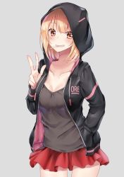 Rule 34 | 1girl, black jacket, blonde hair, blush, breasts, brown eyes, brown skirt, candy, collarbone, commentary request, cowboy shot, drawstring, fingernails, food, food in mouth, grey background, grin, hair between eyes, hand in pocket, hand up, head tilt, highres, hood, hood up, hooded jacket, jacket, lollipop, long sleeves, looking at viewer, mouth hold, open clothes, open jacket, original, piripun, pleated skirt, red skirt, simple background, skirt, small breasts, smile, solo, v