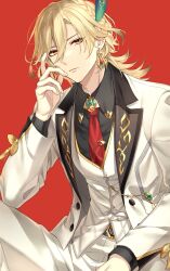 Rule 34 | 1boy, absurdres, black shirt, blonde hair, closed mouth, collared shirt, earrings, feather hair ornament, feathers, formal, genshin impact, gradient hair, hair between eyes, hair ornament, highres, jacket, jewelry, kaveh (genshin impact), kokotendon, long hair, long sleeves, looking at viewer, male focus, multicolored hair, necktie, open clothes, open jacket, pants, red background, red eyes, red necktie, shirt, simple background, solo, vest, white jacket, white pants, white vest