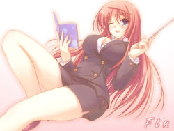Rule 34 | 1girl, ;d, ahoge, blazer, blue eyes, blush, book, breasts, business suit, buttoned cuffs, buttons, cleavage, collared shirt, double teacher life, dutch angle, fingernails, formal, game cg, gradient background, hair between eyes, happy, high heels, hip focus, holding, holding book, index finger raised, jacket, knee up, large breasts, long fingernails, long hair, long sleeves, looking at viewer, miniskirt, one eye closed, open book, open mouth, orange hair, outline, parted bangs, pencil skirt, pink background, pointer, red hair, school nurse, shirt, shoes, side slit, sidelocks, sitting, skirt, skirt suit, smile, solo, suit, teacher, thighs, tomiya natsuki, tomose shunsaku