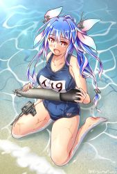 Rule 34 | 1girl, beach, blue hair, breasts, day, flower-shaped pupils, from above, hair between eyes, hair ribbon, highres, holding, holding torpedo, i-19 (kancolle), kantai collection, koutetunamekuji, large breasts, long hair, looking at viewer, looking up, name tag, ocean, one-piece swimsuit, open mouth, outdoors, red eyes, ribbon, sand, school swimsuit, sitting, solo, swimsuit, symbol-shaped pupils, torpedo, tri tails, water
