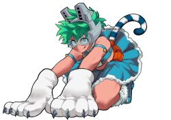 Rule 34 | 1boy, all fours, animal hands, armlet, bare shoulders, blue skirt, boku no hero academia, cat tail, claws, closed mouth, cosplay, crossdressing, full body, fur trim, gloves, green eyes, green hair, highres, jackielynn, jackielynn gm, licking lips, looking at viewer, male focus, messy hair, midoriya izuku, paw gloves, pixie-bob (boku no hero academia), pixie-bob (boku no hero academia) (cosplay), simple background, skirt, smile, solo, tail, tongue, tongue out, white background, white gloves