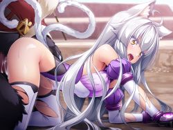 Rule 34 | 1girl, animal ears, cat ears, cat girl, cat tail, cum, cum in pussy, doggystyle, forced, inoino, kouyoku senki exs-tia, long hair, lusterise, monster, multiple tails, open mouth, sex, sex from behind, surprised, tail, thighhighs, torn clothes, transformation, two tails, underwear, white hair, yellow eyes