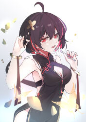 Rule 34 | 1girl, benghuai xueyuan, black bra, black dress, black hair, bra, breasts, bug, butterfly, china dress, chinese clothes, colored skin, dress, flower, fork, hair flower, hair ornament, hand in own hair, highres, holding, holding fork, honkai (series), honkai impact 3rd, insect, medium breasts, nail polish, naughty face, qingye ling, red eyes, red hair, red nails, seele (alter ego), seele vollerei, seele vollerei (stygian nymph), short hair, underwear, white skin, yellow butterfly