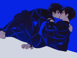 Rule 34 | 2boys, arm support, barefoot, black bodysuit, black hair, blue background, blue eyes, blue lock, blush, bodysuit, couple, dutch angle, eye contact, eyeshadow, feet out of frame, french kiss, from side, green eyes, hand on another&#039;s shoulder, hand up, highres, himishiro, isagi yoichi, itoshi rin, kiss, knee up, kneeling, leaning back, leaning forward, long sleeves, looking at another, looking away, makeup, male focus, multiple boys, saliva, short hair, simple background, sitting, sweat, yaoi