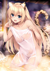Rule 34 | 1girl, :d, absurdres, akizora momiji, animal ears, bath, blonde hair, blue eyes, blush, breasts, collarbone, covering privates, cowboy shot, fang, gluteal fold, groin, hair between eyes, hands up, highres, holding, holding towel, legs apart, long hair, looking at viewer, medium breasts, naked towel, night, nude cover, onsen, open mouth, original, outdoors, rock, scan, smile, solo, standing, steam, tail, tail raised, tiger ears, tiger girl, tiger tail, toranoana, towel, very long hair, wading, water, wet, white towel