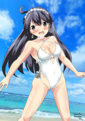 Rule 34 | 1girl, ahoge, beach, black hair, blue sky, breasts, casual one-piece swimsuit, cleavage, cloud, commentary request, cosplay, day, embarrassed, feet out of frame, flower, frilled one-piece swimsuit, frilled swimsuit, frills, hair flower, hair ornament, hairband, highleg, highleg swimsuit, highres, kantai collection, large breasts, long hair, looking at viewer, ocean, one-piece swimsuit, open mouth, outdoors, sagiri (kancolle), sagiri (kancolle) (cosplay), senon, side-tie swimsuit, sky, solo, standing, swimsuit, ushio (kancolle), white hairband, white one-piece swimsuit