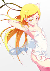 Rule 34 | 10s, 1girl, arched back, armpits, arms behind head, arms up, ass, bakemonogatari, blonde hair, blush, breasts, commentary request, covered erect nipples, dress, highres, kiss-shot acerola-orion heart-under-blade, kizumonogatari, long hair, looking at viewer, monogatari (series), navel, no panties, oshino shinobu, see-through, shiny skin, simple background, small breasts, smile, solo, standing, strap slip, tanabe kyou, white dress, yellow eyes