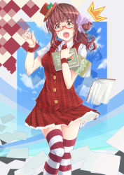 Rule 34 | 1girl, ^^^, blush, book, brown hair, clumsy, glasses, hat, highres, kanata (kanata onion), lace, lace-trimmed skirt, lace trim, mini hat, mini top hat, open mouth, original, paper, petticoat, plaid, scrunchie, skirt, solo, striped clothes, striped thighhighs, surprised, thighhighs, top hat, vest, wristband, yellow eyes, zettai ryouiki