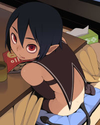 Rule 34 | 1girl, androgynous, back, black hair, chips (food), demon girl, demon tail, elbow gloves, feet, food, gloves, go robots, kneeling, kotatsu, no panties, pointy ears, red eyes, reverse trap, short hair, sitting, solo, table, tail, thighhighs, tongue