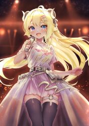 Rule 34 | 1girl, :d, ahoge, animal ears, arm at side, belt, black thighhighs, blonde hair, blush, breasts, clothes writing, commentary, derk maxx, double-parted bangs, english commentary, feet out of frame, hair ornament, hairclip, highres, holding, holding microphone, hololive, horns, layered skirt, long hair, looking at viewer, medium breasts, microphone, miniskirt, music, o-ring, o-ring thigh strap, official alternate costume, open mouth, overskirt, ponytail, purple eyes, sheep ears, sheep girl, sheep horns, shirt, singing, skirt, smile, solo, stage, t-shirt, thigh strap, thighhighs, tsunomaki watame, tsunomaki watame (watame night fever!!), very long hair, virtual youtuber, w arms, white shirt, white skirt, zettai ryouiki