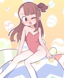 Rule 34 | 1girl, arm support, asymmetrical bangs, bare shoulders, blunt bangs, blush, brown hair, collarbone, commentary, dot nose, easter egg, egg, english commentary, feet out of frame, flat chest, gradient background, highres, kagari atsuko, leotard, little witch academia, long hair, looking at viewer, one eye closed, one side up, open mouth, orenji (wholesomeorenji), outline, oversized object, pantyhose, playboy bunny, rabbit tail, red eyes, red leotard, side ponytail, single sidelock, sitting, smile, solo, straight hair, strapless, strapless leotard, tail, white outline, white pantyhose, yellow background