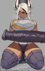 1girl 1other animal_ears bare_shoulders blood blood_on_face boku_no_hero_academia breasts clenched_teeth crescent_print dark-skinned_female dark_skin fur_collar gigantic_penis highleg highleg_leotard kneeling large_breasts leotard long_eyelashes long_hair looking_at_penis mirko muscular muscular_female parted_bangs penis purple_penis purple_thighhighs rabbit_ears rabbit_girl red_eyes sleeveless_turtleneck_leotard soolee040995 sweat taut_leotard teeth thick_thighs thighhighs thighs tile_floor tiles uncensored v-shaped_eyebrows veins veiny_penis white_hair white_leotard