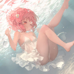Rule 34 | 1girl, absurdres, air bubble, bare arms, bare legs, bare shoulders, barefoot, bubble, chemise, commentary request, dress, dutch angle, flower, hair flower, hair ornament, highres, madaragi, ocean, one eye closed, original, panties, pink hair, red eyes, short hair, solo, spaghetti strap, submerged, underwater, underwear, water, white dress, white panties