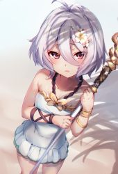 Rule 34 | 1girl, absurdres, beach, collarbone, flower, hair between eyes, hair flower, hair ornament, highres, holding, holding staff, huge filesize, kokkoro (princess connect!), kokkoro (summer) (princess connect!), kure (kure ng), looking at viewer, one-piece swimsuit, pointy ears, princess connect!, red eyes, sand, short hair, silver hair, solo, staff, standing, sweat, swimsuit, white one-piece swimsuit