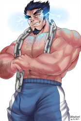 Rule 34 | absurdres, bara, bulge, chain necklace, chest hair, danganronpa (series), dhanisani, electricity, facial hair, goatee, hair horns, highres, jewelry, large pectorals, male focus, muscular, muscular male, necklace, nidai nekomaru, pectorals, sideburns