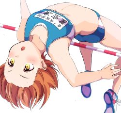 Rule 34 | 1girl, :o, arched back, ass, bare arms, bare shoulders, blue buruma, blush, buruma, clothes writing, collarbone, flat chest, forehead, foreshortening, high jump, highres, horizontal bar, hoshizora rin, love live!, love live! school idol project, midair, no socks, open mouth, orange hair, playing sports, sen (sen0910), shoes, short hair, simple background, sneakers, solo, sweat, tareme, track and field, track uniform, white background, white footwear, yellow eyes