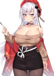 Rule 34 | 1girl, aran sweater, azur lane, belfast (azur lane), belfast (shopping with the head maid) (azur lane), beret, black skirt, blush, breasts, brown pantyhose, cable knit, casual, choker, cleavage, cowboy shot, earrings, food, hat, holding, holding food, holding pocky, hoop earrings, jewelry, kuavera, large breasts, long hair, long sleeves, looking at viewer, off-shoulder sweater, off shoulder, pantyhose, pencil skirt, pocky, purple eyes, shawl, silver hair, simple background, skirt, smile, solo, sweater, white background