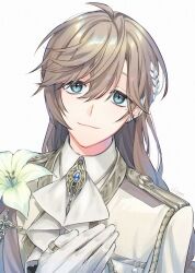 Rule 34 | 1boy, aiguillette, ascot, blue eyes, brooch, brown hair, chon chiyon, collared shirt, corsage, ear chain, earclip, earrings, flower, gloves, hair between eyes, hair ornament, hand on own chest, highres, jacket, jewelry, kanae (nijisanji), leaf hair ornament, lily (flower), long hair, long sleeves, looking at viewer, male focus, mole, mole under eye, nijisanji, official alternate costume, shirt, simple background, smile, solo, stud earrings, thumb ring, upper body, virtual youtuber, white ascot, white background, white flower, white gloves, white jacket, white shirt