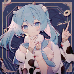 Rule 34 | + +, 1girl, 2021, absurdres, animal ears, animal print, bell, blue eyes, blue hair, blue nails, blue necktie, blue sailor collar, breasts, chinese zodiac, cow ears, cow girl, cow horns, cow print, cow tail, crop top, earrings, eta, eyebrows hidden by hair, fur-trimmed jacket, fur collar, fur trim, hair between eyes, highres, horns, huge filesize, jacket, jewelry, long sleeves, looking at viewer, medium breasts, nail polish, necktie, new year, off shoulder, open clothes, open jacket, original, print jacket, sailor collar, shirt, short eyebrows, sleeveless, sleeveless shirt, sleeves past wrists, solo, tail, thick eyebrows, twintails, underboob, upper body, white jacket, white shirt, year of the ox