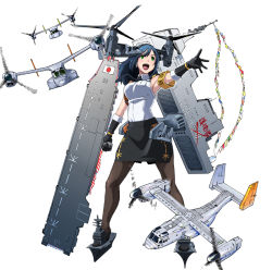 Rule 34 | &gt;:d, 10s, 1girl, :d, aircraft, airplane, armband, armpits, black gloves, black pantyhose, black skirt, blue hair, breasts, butcha-u, collaboration, elbow gloves, flag, flying, full body, gloves, green eyes, headgear, holding, holding weapon, huge weapon, izumo (jmsdf), japan maritime self-defense force, japan self-defense force, japanese flag, kantai collection, long hair, looking afar, mecha musume, medium breasts, military, miniskirt, mole, mole under eye, motion blur, necktie, okamoto kazuhiro, open mouth, original, outstretched arm, outstretched hand, pantyhose, pencil skirt, personification, propeller, ship, shirt, side slit, simple background, skirt, sleeveless, sleeveless shirt, smile, standing, v-shaped eyebrows, watercraft, weapon, white background, white shirt