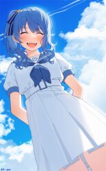 Rule 34 | 14 (vision5032), 1girl, :d, aqua sailor collar, arm behind back, belt, blue eyes, blue hair, blue neckerchief, blue ribbon, blush, closed eyes, cloud, cloudy sky, collarbone, commentary request, contrail, day, from below, hair between eyes, hair over shoulder, hair ribbon, hashtag only commentary, highres, holohoneygaoka high school uniform, holohoneygaoka koukou, hololive, hoshimachi suisei, knees out of frame, long hair, neckerchief, official alternate costume, official art, open mouth, outdoors, pleated skirt, puffy short sleeves, puffy sleeves, ribbon, sailor collar, school uniform, serafuku, shirt, short sleeves, side ponytail, sidelocks, skirt, sky, smile, solo, standing, teeth, twitter username, upper teeth only, virtual youtuber, white belt, white serafuku, white shirt, white skirt
