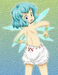 Rule 34 | 1girl, back, bloomers, blue eyes, blue hair, cirno, failure, from behind, looking back, matching hair/eyes, ohyo, short hair, solo, embodiment of scarlet devil, topless, touhou, underwear, wardrobe error, wings