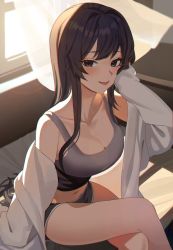 Rule 34 | 1girl, bare legs, black eyes, black hair, blush, breasts, cleavage, crossed legs, curtains, dolphin shorts, head rest, highres, indoors, jiki (gkdlfnzo1245), large breasts, long hair, looking at viewer, navel, off shoulder, on bed, original, shirt, shorts, sidelocks, sitting, sleeves past wrists, solo, sunlight, tank top, thighs, tongue, tongue out, white shirt