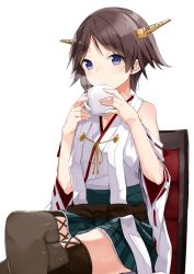 Rule 34 | 10s, 1girl, akiha (attract), bad id, bad pixiv id, blue eyes, brown hair, brown thighhighs, chair, crossed legs, cup, detached sleeves, headgear, hiei (kancolle), kantai collection, kskasutera, nontraditional miko, short hair, sitting, skirt, solo, steam, teacup, thighhighs, white background