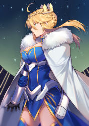Rule 34 | 1girl, absurdres, ahoge, artoria pendragon (fate), artoria pendragon (lancer) (fate), braid, braided bun, breasts, cape, circlet, cleavage, closed mouth, commentary request, contrapposto, crown, fate/grand order, fate (series), fur trim, gauntlets, gorget, hair between eyes, hair bun, highres, large breasts, long hair, long sleeves, medium breasts, profile, sidelocks, sky, solo, standing, star (sky), starry sky, wind, yorukun