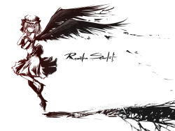 Rule 34 | 1girl, black wings, character name, female focus, hat, monochrome, remilia scarlet, short hair, simple background, sinzire, solo, touhou, white background, wings