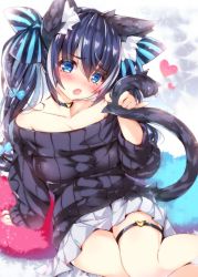 Rule 34 | 1girl, :o, ahoge, animal ear fluff, animal ears, arm support, bare shoulders, black hair, black sweater, blue bow, blush, bow, breasts, cat ears, cat girl, cat tail, collarbone, commentary request, fang, hair bow, head tilt, heart, highres, holding own tail, long hair, long sleeves, medium breasts, off-shoulder, off-shoulder sweater, ooji cha, open mouth, original, pinky out, pleated skirt, skirt, sleeves past wrists, solo, sparkle, striped, striped bow, sweater, tail, tail raised, thigh strap, twintails, very long hair, white skirt