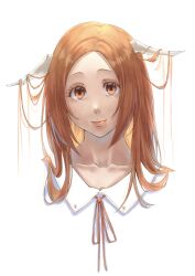 Rule 34 | 1girl, absurdres, bleach, closed mouth, commentary, dragon horns, highres, horns, inoue orihime, long hair, looking at viewer, mitarashi (5333069), orange eyes, orange hair, orange ribbon, ribbon, sailor collar, sidelocks, simple background, smile, solo, symbol-only commentary, white background