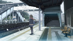 Rule 34 | 1girl, bag, bench, black hair, black pantyhose, chair, door, from behind, highres, original, outdoors, pantyhose, railing, railroad tracks, scarf, scenery, school uniform, shoes, shoulder bag, sign, skirt, sky, snow, snowing, solo, stairs, standing, studio outline, tactile paving, thighhighs, train station, tree, wide shot, window, winter, wood