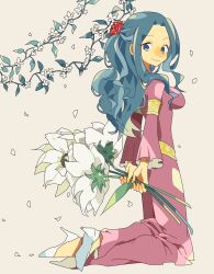 Rule 34 | 1girl, armlet, blue eyes, blue hair, breasts, cleavage, commentary request, crossed legs, dress, falling petals, female focus, flower, from side, full body, half updo, high heels, highres, holding, holding flower, kneeling, long hair, looking at viewer, matching hair/eyes, medium breasts, nefertari vivi, noise pp, one piece, petals, pink dress, profile, sidelocks, simple background, smile, solo, tareme, white background, white footwear