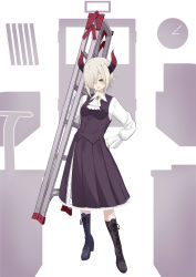 Rule 34 | 1girl, absurdres, black footwear, black skirt, black vest, bloom, boots, brooch, commentary request, cross-laced footwear, dress shirt, emma august, highres, holding ladder, horns, jewelry, kanmi21, knee boots, lace-up boots, ladder, long hair, long skirt, long sleeves, looking at viewer, medium hair, nijisanji, open mouth, pointy ears, shirt, short hair, skirt, smile, solo, stepladder, vest, virtual youtuber, yellow eyes