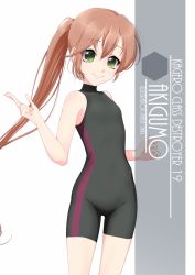 Rule 34 | 1girl, akigumo (kancolle), artist name, black one-piece swimsuit, black wetsuit, bodysuit, brown hair, character name, competition swimsuit, cowboy shot, diving suit, eyes visible through hair, flat chest, green eyes, hair between eyes, hair ribbon, highres, inaba shiki, kantai collection, long hair, looking at viewer, mole, mole under eye, multicolored clothes, multicolored swimsuit, one-piece swimsuit, open mouth, ponytail, ribbon, simple background, smile, solo, standing, striped clothes, striped one-piece swimsuit, swimsuit, vertical-striped clothes, vertical-striped one-piece swimsuit, wetsuit, white background