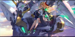 Rule 34 | 1girl, artist name, bare shoulders, blonde hair, blue sky, boots, breasts, brown eyes, cleavage, cleavage cutout, clothing cutout, cloud, cloudy sky, commentary, copyright name, dress, elbow gloves, gem, gloves, hand up, headpiece, highres, large breasts, letterboxed, long hair, mecha, mythra (xenoblade), nintendo, outdoors, robot, sky, solo, sunset, swd3e2, swept bangs, very long hair, white dress, white footwear, white gloves, wind, xenoblade chronicles (series), xenoblade chronicles 2