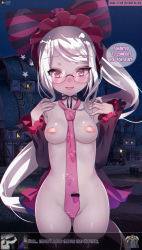 Rule 34 | 1boy, 1girl, ainz ooal gown, areola slip, bandaid, bandaids on nipples, bat (animal), blush, bonnet, bow, breasts, character name, character print, collarbone, covered erect nipples, cowboy shot, dawapat, dialogue box, english text, fang, feet out of frame, glasses, lips, long hair, long sleeves, looking at viewer, necktie, night, open mouth, overlord (maruyama), pale skin, pasties, pink necktie, ponytail, red bow, red eyes, red headwear, round eyewear, shalltear bloodfallen, small breasts, smile, solo focus, speech bubble, standing, star (symbol), swept bangs, thighs, tie clip, traced, upper body, vampire, very long hair, white hair