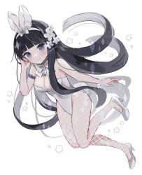 Rule 34 | 1girl, animal ear headwear, animal ears, arm up, armlet, black hair, blue eyes, blunt bangs, blunt ends, blush, bow, bowtie, bracelet, breasts, cleavage, detached collar, diamond (shape), fake animal ears, fishnets, floating hair, flower, hair flower, hair ornament, hand on own cheek, hand on own face, headband, high heels, jewelry, large breasts, leotard, light smile, long hair, looking at viewer, myaco9, original, petals, playboy bunny, rabbit ears, rabbit tail, signature, simple background, solo, sparkle, standing, standing on one leg, tail, very long hair, wristlet