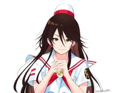 Rule 34 | 1girl, akira ferrari, andanden, aria (manga), bow, bowtie, brown eyes, brown hair, closed mouth, earrings, hair between eyes, hands up, hat, highres, himeya company uniform, jewelry, long hair, looking at viewer, own hands together, red bow, red bowtie, red hat, sailor collar, short sleeves, sidelocks, signature, simple background, smile, solo, two-tone headwear, white background, white hat