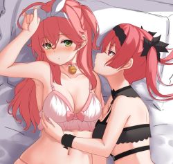 Rule 34 | 2girls, ahoge, arm up, armpits, bare arms, bare shoulders, bell, black bra, bra, breasts, choker, cleavage, collarbone, frilled bra, frills, from side, hair ornament, hair ribbon, hairband, hololive, houshou marine, jingle bell, lingerie, long hair, looking at viewer, lying, medium breasts, multiple girls, nyan (reinyan 007), on back, on side, one side up, panties, pillow, pink choker, pink hair, profile, ribbon, sakura miko, strap, string panties, twintails, underwear, underwear only, virtual youtuber, white bra, unfinished, wrist cuffs, yuri
