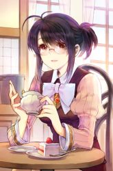 Rule 34 | 1girl, anyte einoth, black hair, bow, brown eyes, cake, chair, cup, food, glasses, hakou (barasensou), long hair, long sleeves, lowres, ponytail, sitting, skirt, solo, sword girls